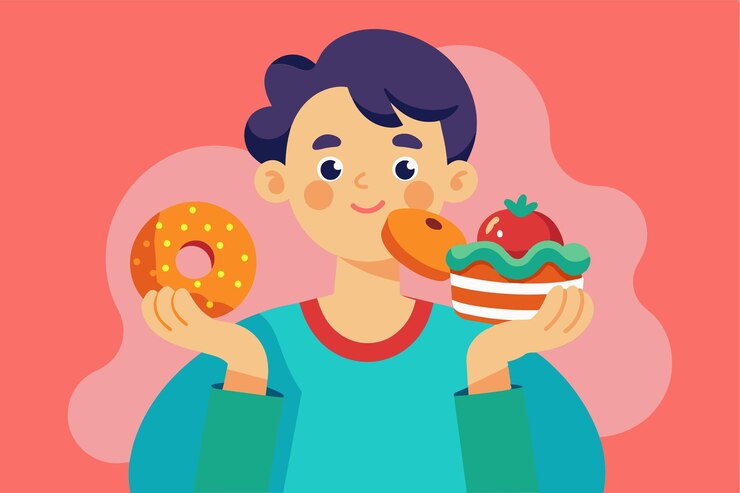 Vector un individuo alegre sostiene una rosquilla en una mano y un pastel en la otra disfrutando de deliciosas golosinas en una atmósfera vibrante