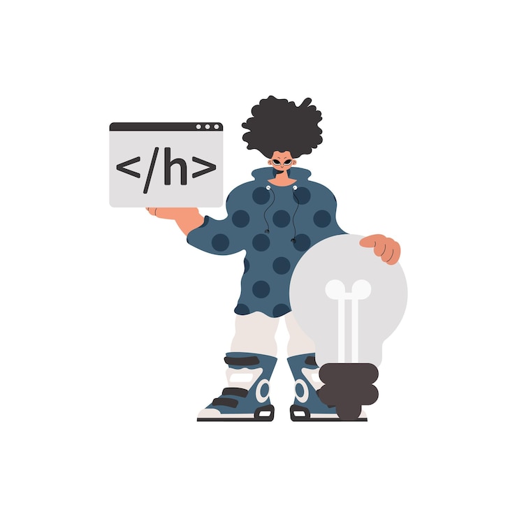 Vector el individuo está sosteniendo una ventana de navegador con una imagen de programación y para arrancar de pie cerca de una bombilla colosal obligado en el establecimiento blanco estilo de moda ilustración vectorial