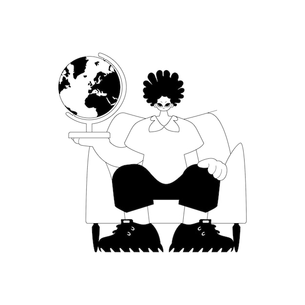 El individuo con el globo tema de aprendizaje artesanía de línea oscura y blanca estilo de moda Ilustración vectorial