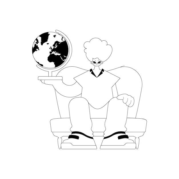 El individuo con el globo tema de aprendizaje artesanía de línea oscura y blanca estilo de moda Ilustración vectorial