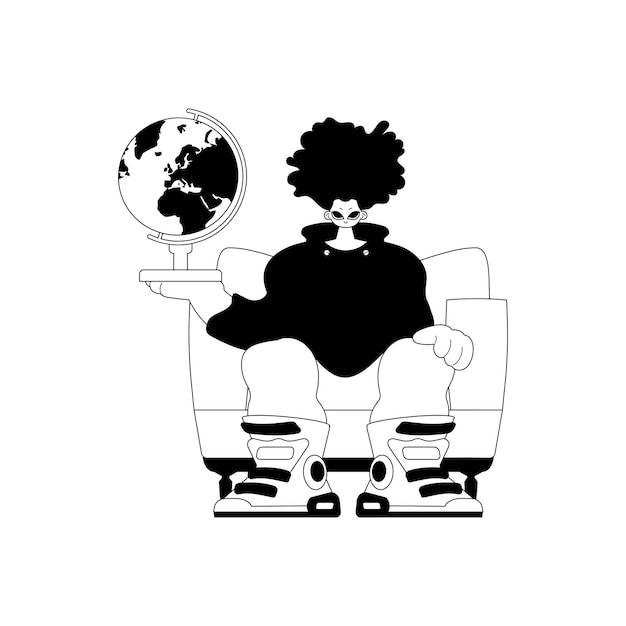 El individuo con el globo tema de aprendizaje artesanía de línea oscura y blanca estilo de moda Ilustración vectorial