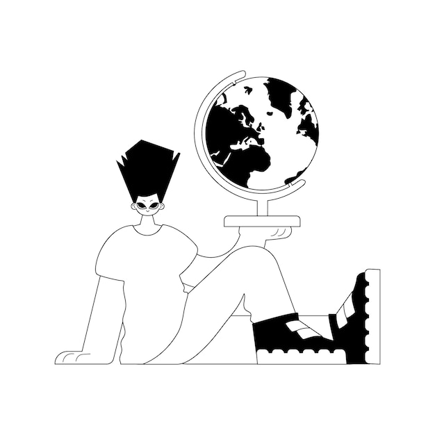 El individuo con el globo tema de aprendizaje artesanía de línea oscura y blanca estilo de moda Ilustración vectorial