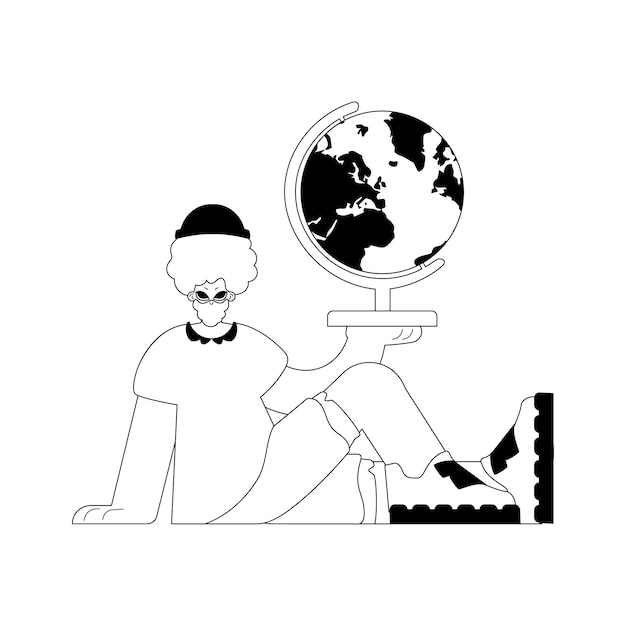 El individuo con el globo tema de aprendizaje artesanía de línea oscura y blanca estilo de moda Ilustración vectorial