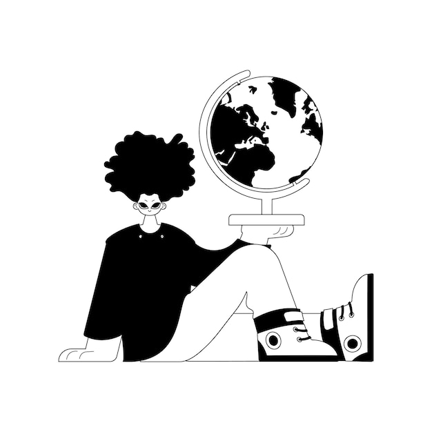 El individuo con el globo tema de aprendizaje artesanía de línea oscura y blanca estilo de moda Ilustración vectorial