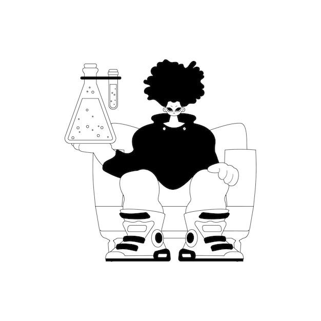 Individuo con una jarra química Punto de aprendizaje Artesanía de línea blanca y tenue Estilo de moda Ilustración vectorial