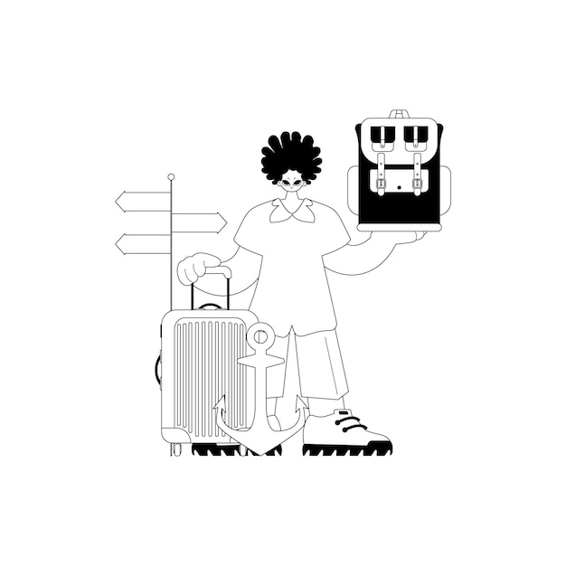 Vector individuo con una mochila de invitado en sus manos tema de turismo lineart blanco y aburrido estilo de moda ilustración vectorial