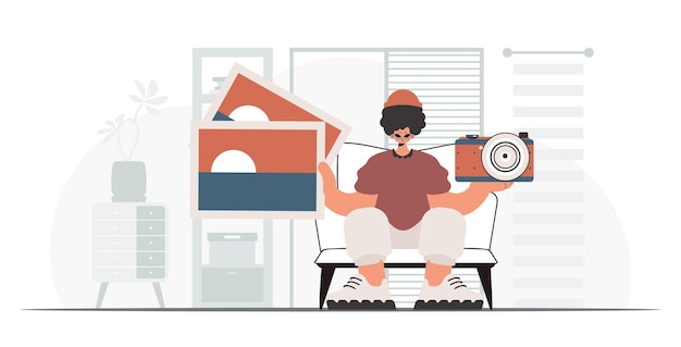 El individuo sostiene una cámara y fotografías en sus manos El concepto de descanso y viaje Estilo de moda Ilustración vectorial