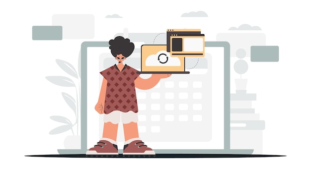 El individuo sostiene una tableta que está sincronizada con la capacidad de datos Ilustración vectorial de estilo moderno