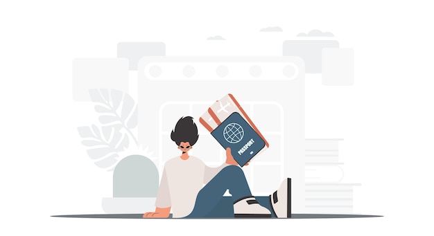 El individuo tiene una identificación alrededor del mundo y el comercio alrededor de los boletos en sus manos El concepto de descanso y viaje Estilo de moda Ilustración vectorial
