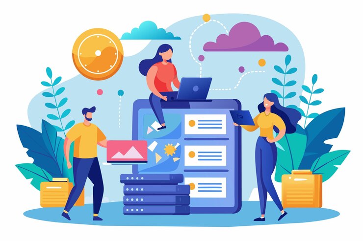 Vector los individuos están respaldando activamente los datos digitales con varios dispositivos que muestran el trabajo en equipo y la tecnología las personas que respaldan los datos se ilustran en un estilo plano