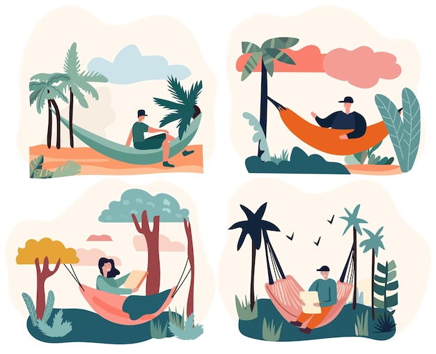 Individuos que se relajan y descansan en hamacas durante una escapada de verano Vector