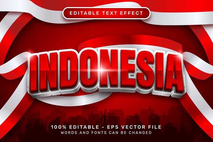 Vector indonesia efecto de texto 3d y efecto de texto editable con bandera indonesia roja y blanca