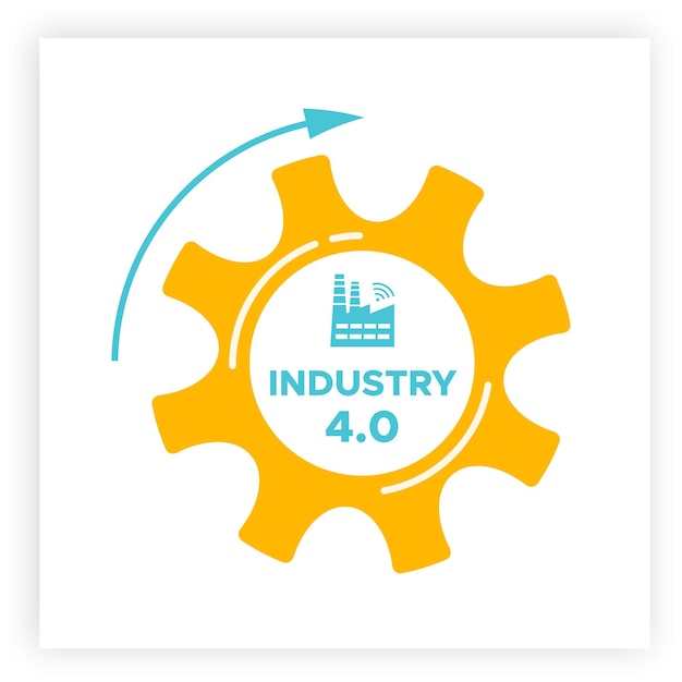 Industria 4.0 engranaje e icono de fábrica ilustración vectorial. Rueda dentada naranja e icono de fábrica azul con el signo INDUSTRIA 4.0 dentro de la revolución tecnológica de fabricación con sistema digital y automatización inteligente