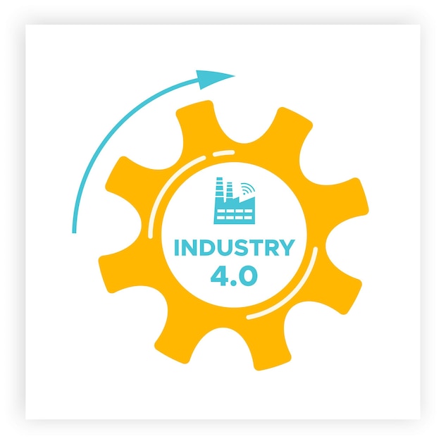 Industria 4.0 engranaje e icono de fábrica ilustración vectorial. rueda dentada naranja e icono de fábrica azul con el signo industria 4.0 dentro de la revolución tecnológica de fabricación con sistema digital y automatización inteligente