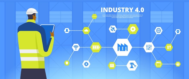 Industria 4.0. Personaje de dibujos animados de trabajador de fábrica moderna. Sistema de control de fabricación digital