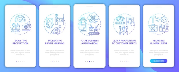 Industria 4.0 tiene como objetivo incorporar la pantalla de la página de la aplicación móvil con conceptos. Automatización total, tutorial de reducción de trabajo humano Plantilla de interfaz de usuario de 5 pasos con ilustraciones en color RGB
