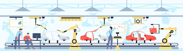 Industria automovilística Fabricación inteligente de vehículos en fábrica con reparadores de automóviles e ingenieros Montaje de automóviles en la línea transportadora escena vectorial reciente de negocios industriales
