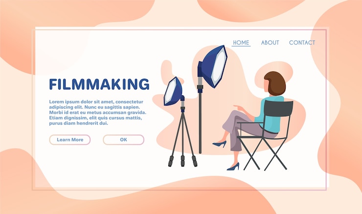 Vector industria del cine. director de cine, camarógrafo, ingeniero de sonido y personajes de actriz. película de acción, proceso de rodaje de publicidad.