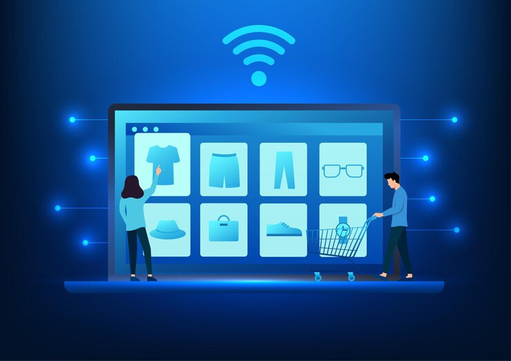 Vector industria de comercio electrónico hombre y mujer seleccionando productos en la pantalla de la computadora portátil que muestra pedidos en línea