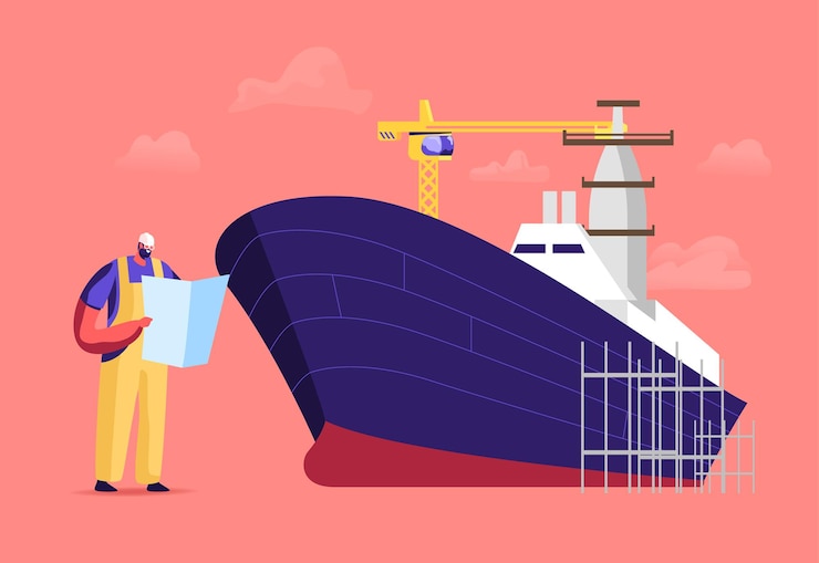 Vector industria de construcción y fabricación naval, ilustración de construcción naval