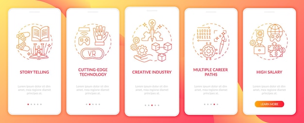 La industria del diseño de juegos beneficia la incorporación de la pantalla de la página de la aplicación móvil con conceptos. Múltiples pasos de recorrido de trayectorias profesionales. Plantilla de interfaz de usuario con color RGB