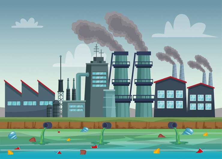 Vector industria de la fábrica contaminando la escena del agua
