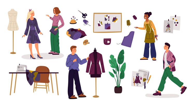 Vector industria de la moda creación de ropa de diseñador vestido de moda en modelo chaqueta en maniquí trabajo de confección de vestidos accesorios de costura estilistas profesionales de prendas de vestir conjunto vectorial llamativo