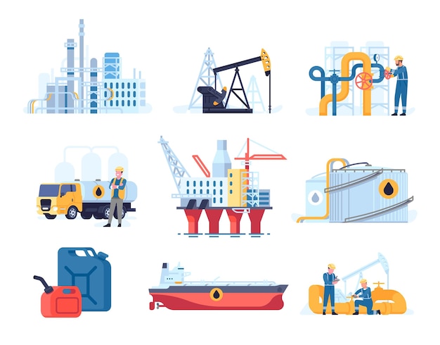 Vector industria del petróleo fábrica de refinería de estilo plano plataformas y tanques plataformas y bombas transporte y almacenamiento de gasolina minería de combustible conducto y recipiente conjunto industrial vectorial