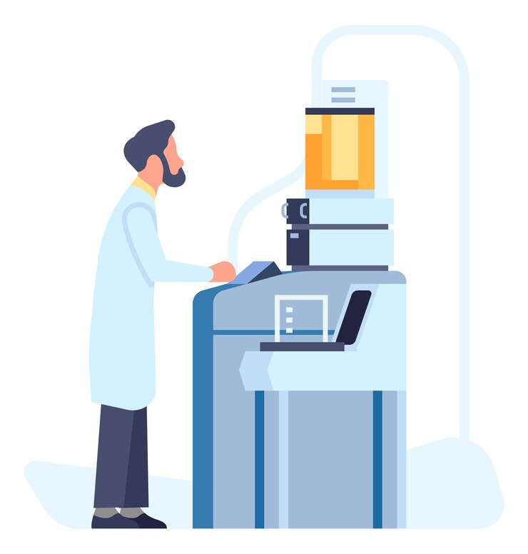 Vector industria del petróleo laboratorio petroquímico químico de pruebas de gasolina equipo de laboratorio trabajador en abrigo investigación científica ingeniero de fabricación análisis químico concepto vectorial