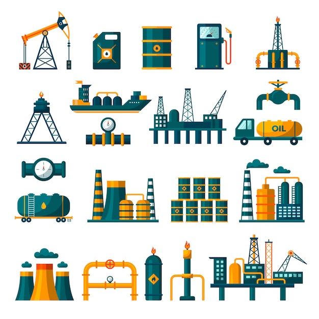 Industria petrolera gasóleo producción industrial tanque de combustible almacenamiento válvulas técnicas y equipos de tuberías iconos planos vectoriales recientes de petróleo y gas ilustración