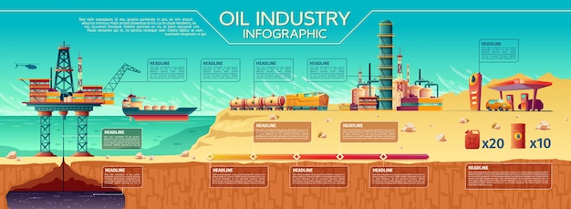 Industria petrolera presentación infografía. extracción de petróleo crudo en alta mar, transporte