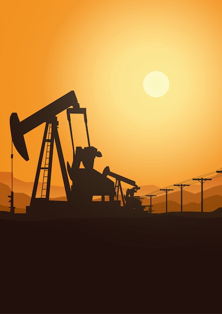 La industria de la plataforma petrolera siluetea el fondo, ilustración.