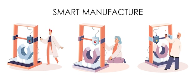 Vector industria de procesos de fabricación científico robot ensamblaje de productos fabricación inteligente metáfora de desarrollo de automatización industria inteligente diseño de productos robots y maquinaria de producción automatizada 40