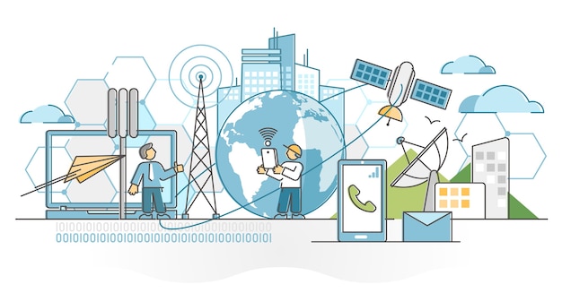 Industria de las telecomunicaciones con el concepto de esquema de onda de señal de datos por satélite. Conexión de comunicación telefónica e internet con red de antenas alrededor del globo ilustración. Torres de radar celular.