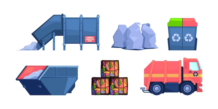 Vector industria del transporte de reciclaje para la limpieza y el reciclaje de máquinas de clasificación de excavadoras de vehículos de basura para imágenes planas vectoriales llamativas de residuos aisladas