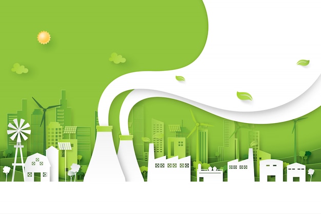 Industria verde en estilo de arte de papel ecológico ciudad fondo