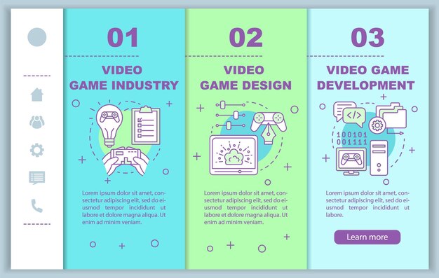 Industria de videojuegos incorporando plantilla vectorial de páginas web móviles. Idea de interfaz de sitio web de teléfono inteligente sensible con ilustraciones lineales. Pantallas paso a paso del tutorial de la página web. concepto de color