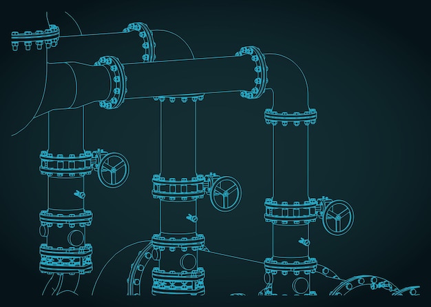 Industrial valves and pipes close up isometric blueprint
