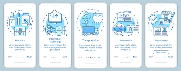 Industrias de servicios que incorporan la pantalla de la página de la aplicación móvil con conceptos lineales. Medios, tecnología de la información. Instrucciones gráficas de cinco pasos de recorrido. UX, UI, plantilla vectorial GUI con ilustraciones