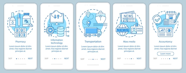 Vector industrias de servicios que incorporan la pantalla de la página de la aplicación móvil con conceptos lineales. medios, tecnología de la información. instrucciones gráficas de cinco pasos de recorrido. ux, ui, plantilla vectorial gui con ilustraciones