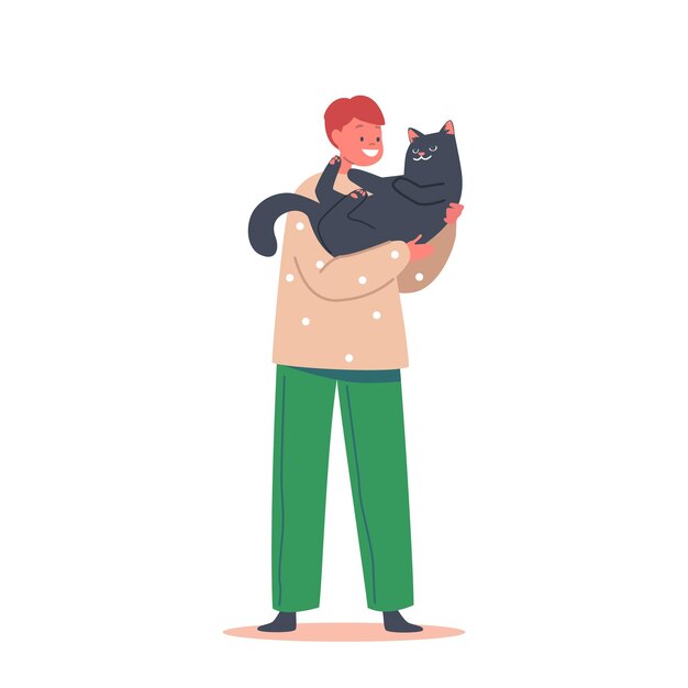 Infancia, amor y ternura por el concepto de los animales con Happy Kid Hug Cat, Child Character Cuddle with Pet, Holding Cute Kitten on Hands Isolated on White Background. caricatura, gente, vector, ilustración