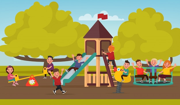 Infancia feliz. Los niños en el patio de recreo se balancean en un columpio y viajan en el carrusel. ilustración
