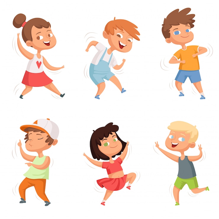 Vector infancia feliz, varios niños divertidos bailando