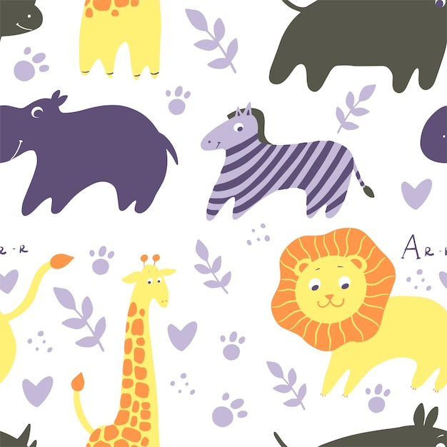 Infantil de patrones sin fisuras con animales dibujados a mano Fondo de vector escandinavo de moda Perfecto para ropa de niños tela textil decoración de guardería papel de regalo