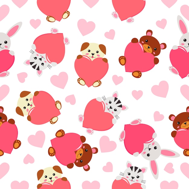 Infantil de patrones sin fisuras - divertidos animales kawaii con corazones.