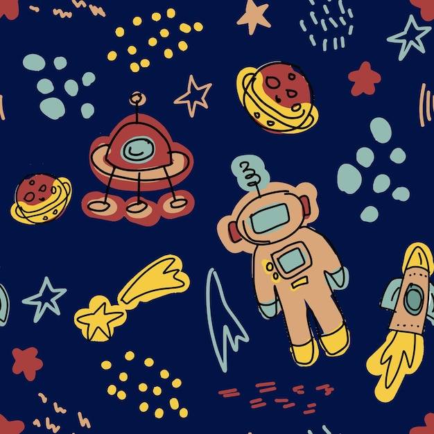 Infantil de patrones sin fisuras con elementos espaciales dibujados a mano cohete espacial estrella planeta sonda espacial Niños de moda vector de fondo Ilustración vectorial