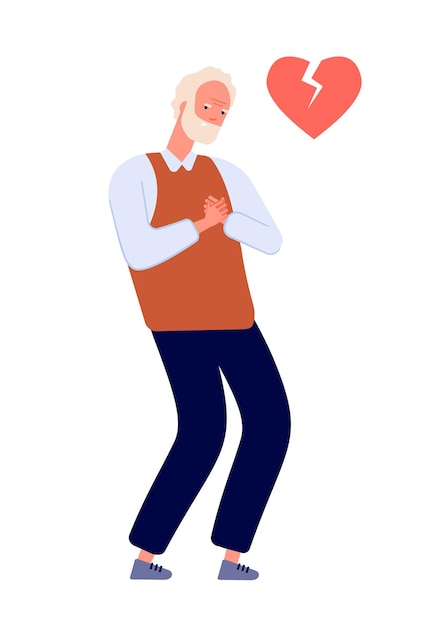 Infarto de miocardio. Dolor en el pecho del hombre adulto, el anciano tiene palpitaciones. Enfermedad cardíaca, paciente con síntoma insalubre. Carácter vectorial aislado. Dolor en el pecho, ataque cardíaco, ilustración médica enferma
