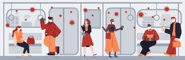 Vector la infección por coronavirus se propagó en el metro, la gente de dibujos animados en el transporte público