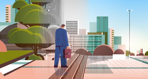 Infeliz hombre de negocios deprimido caminando al aire libre bajo la lluvia sintiéndose desesperado enfermedades de salud mental desempleo depresión estrés concepto horizontal paisaje urbano de fondo ilustración vectorial de longitud completa