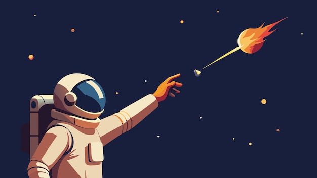 Vector en las infinitas profundidades del espacio un astronauta solitario extiende la mano para tocar un meteorito ardiente mientras arde
